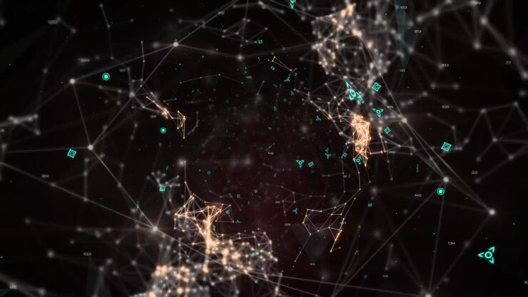 Animation of network of connections and icons over dark background