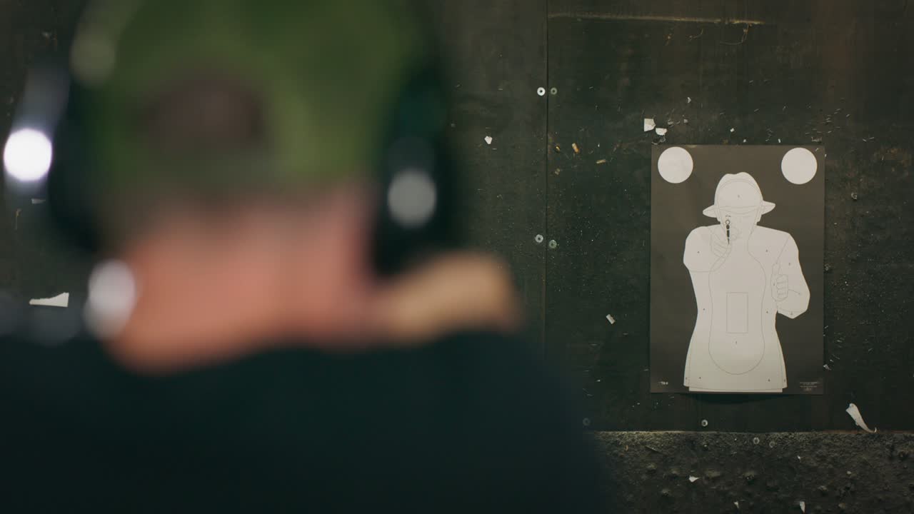 Rear view of a defocused man wearing ear protection aiming a pistol and shooting at a target at an indoor firing range
