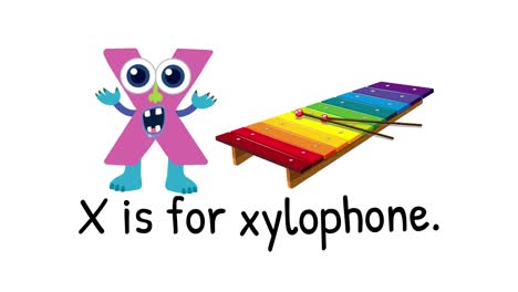Colorful animation introducing the letter X with a playful character and vibrant xylophone