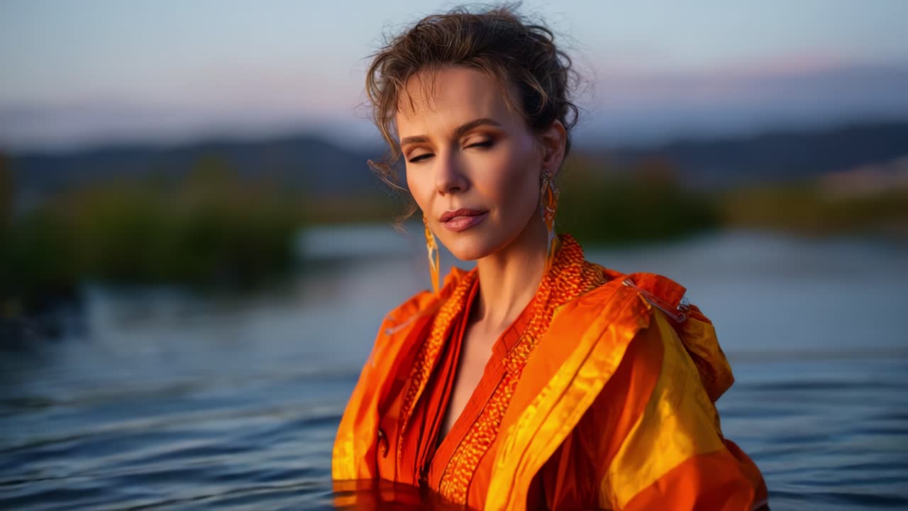 Ritratto affascinante di una donna in vivace abbigliamento arancione, in piedi nell'acqua in mezzo a un paesaggio naturale scenografico al crepuscolo, con una luce soffusa che crea un'atmosfera da sogno