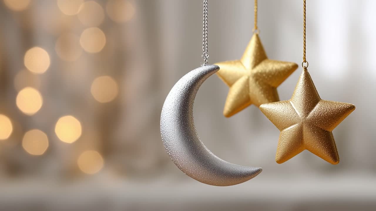 Elegante luna d'argento e stelle dorate appese con luci bokeh