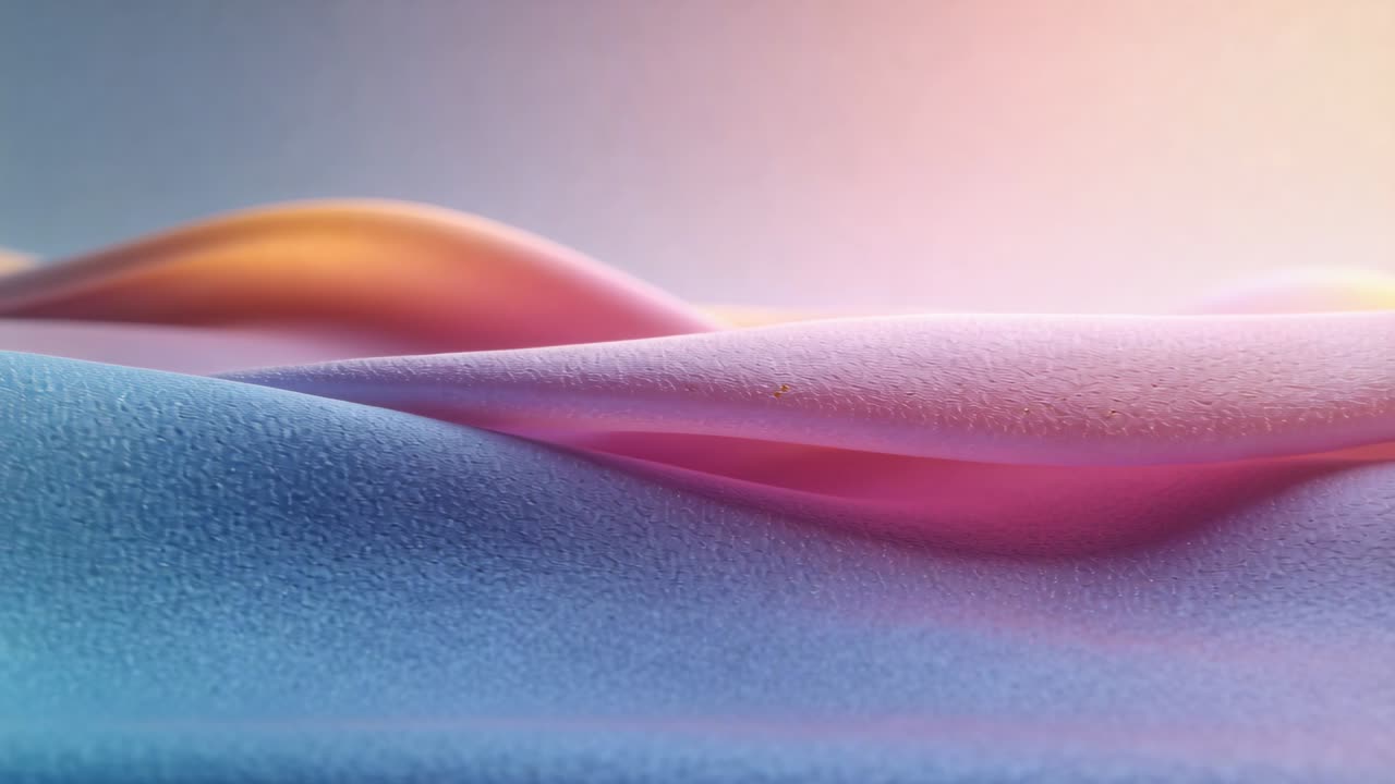 Shifting textured fabric folds sliding right in studio as upper right light warming, revealing pink