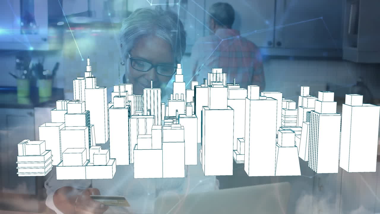 연결 네트워크의 애니메이션과 3d 도시 풍경 그림을 통해 스마트폰을 사용하는 고령 여성