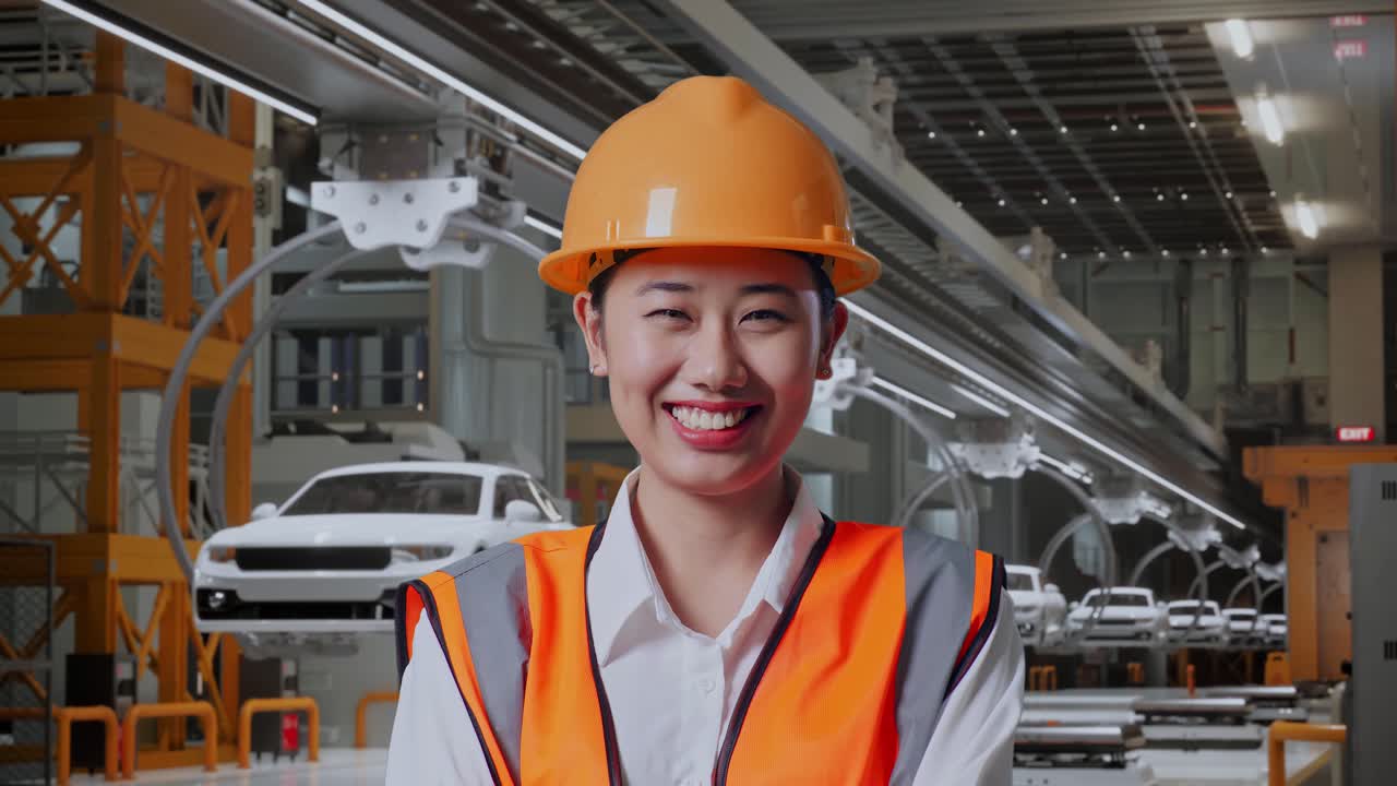 안전 헬을 입은 아시아 여성 엔지니어가 팔을 고 ev 자동차 공장에서 서서 카메라에 미소 짓고 있습니다.