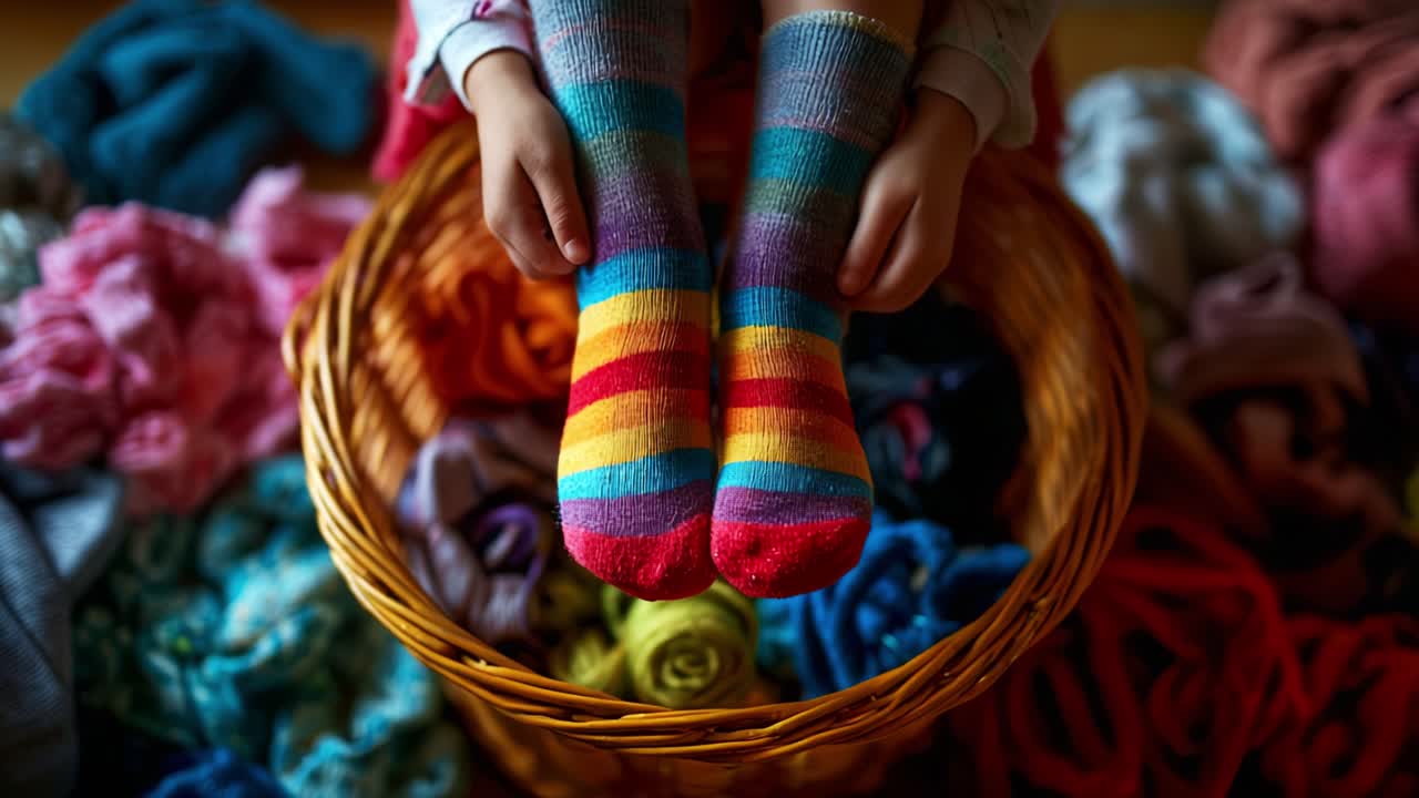 A colorful display of striped socks held by small hands in a vibrant basket filled with assorted textiles, showcasing the joys of playful fashion and creative expression