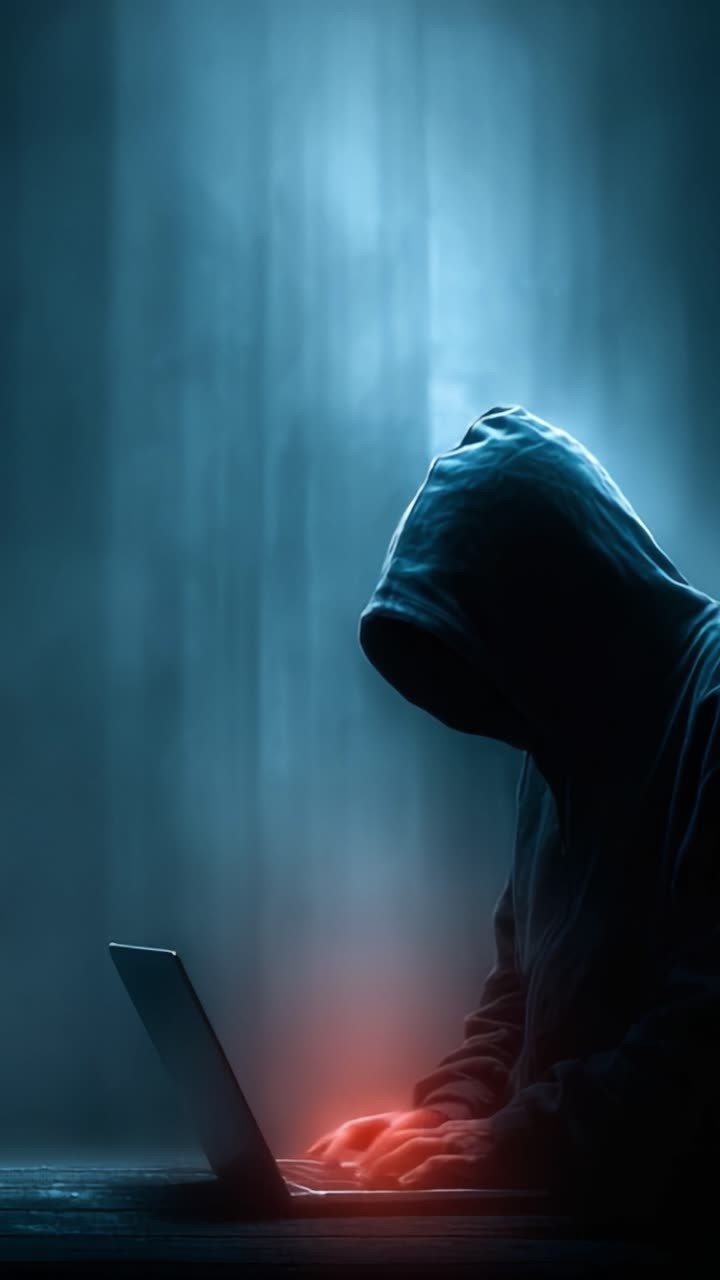 Una figura misteriosa con la felpa con cappuccio, impegnata a programmare o hackerare su un laptop con un bagliore inquietante, circondata da un'atmosfera oscurata.