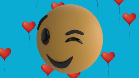 animación del icono de emoji sonriente con iconos de globo de corazón rojo en fondo azul