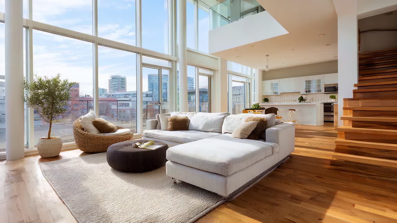 Modern Living Room with Expansive Windows and Natural Light Showcasing Elegant Furniture and Cozy Atmosphere in a Stylish Urban Home