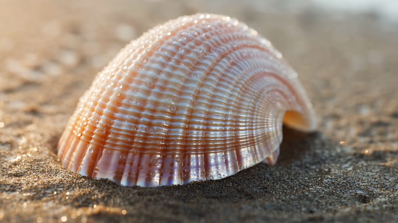 Sunlit Seashell On Sandy Beach Closeup, Warm Golden Light Revealing Ridged Spiral Texture, Soft Bokeh