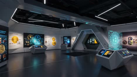 exploring the future of digital currency: an informative exhibit on blockchain, bitcoin, and cryptocurrency technologies in a high-tech gallery setting