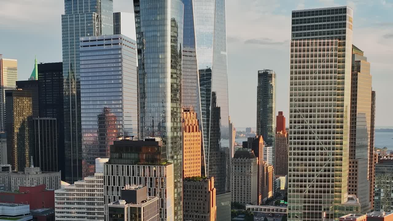 Cityscape of New York captured from a drone in bright evening light