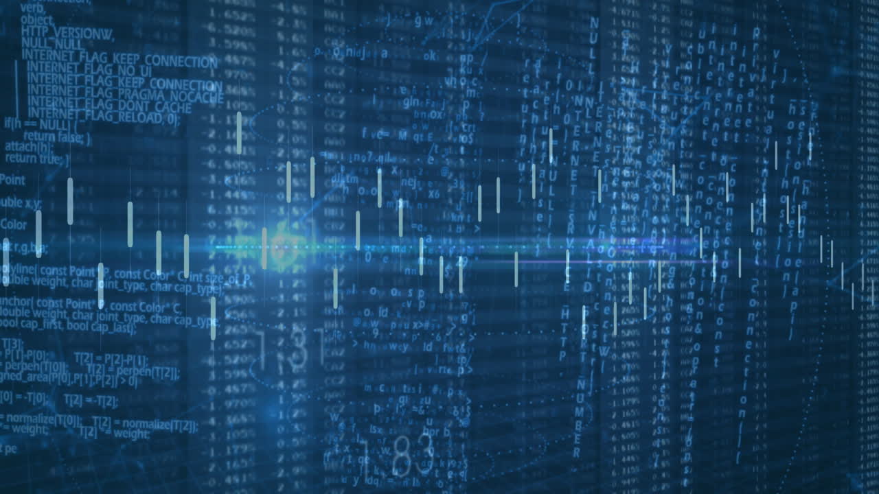 Animation of digital data streams and binary code creating technology background