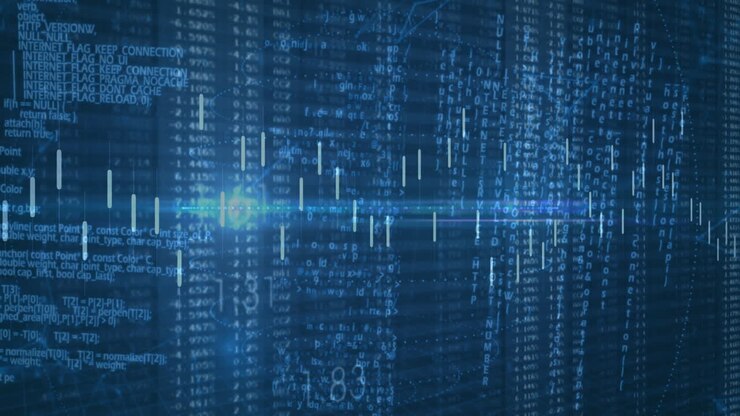 Animation of digital data streams and binary code creating technology background