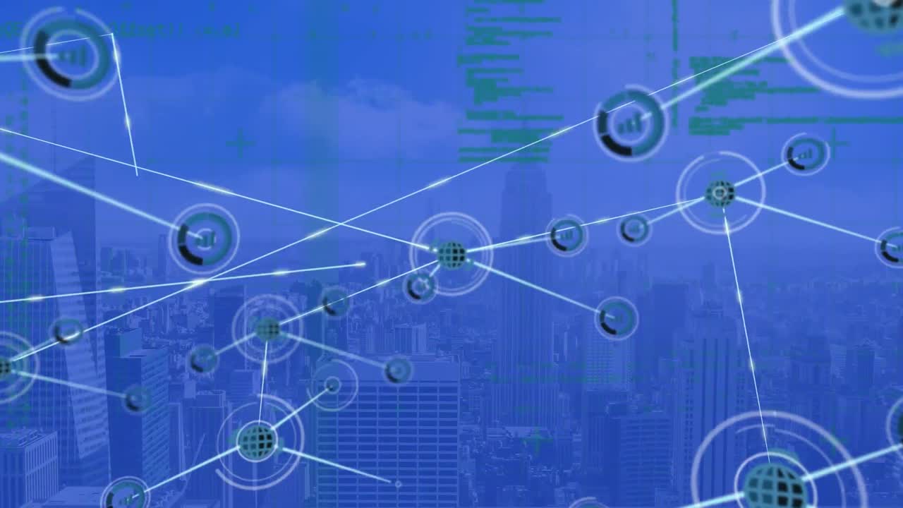 도시 풍경에 대한 아이콘과 데이터로 연결된 네트워크의 애니메이션