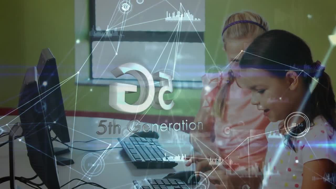 animación de la quinta generación y puntos conectados, gráficos sobre niñas caucásicas estudiando en computadoras
