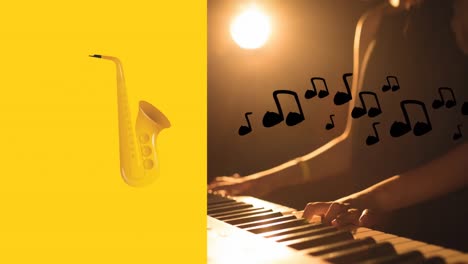 animation of saxophone and notes icons over biracial woman playing keyboard