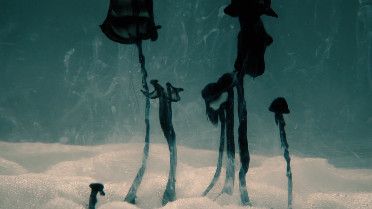 폼 풍경에서 나타나는 이상한 잉크 구름. 수중 외계 세계 테마