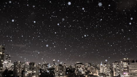 snowflakes falling animation over city skyline at night