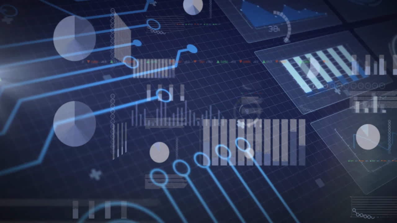 Animation of digital graphs and data charts overlaying blue grid background