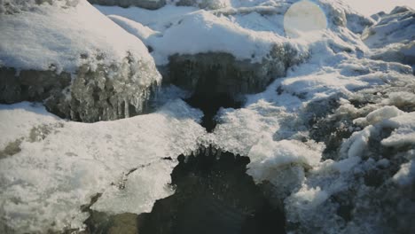 rocks on creeks covered with ice on a sunny winter day