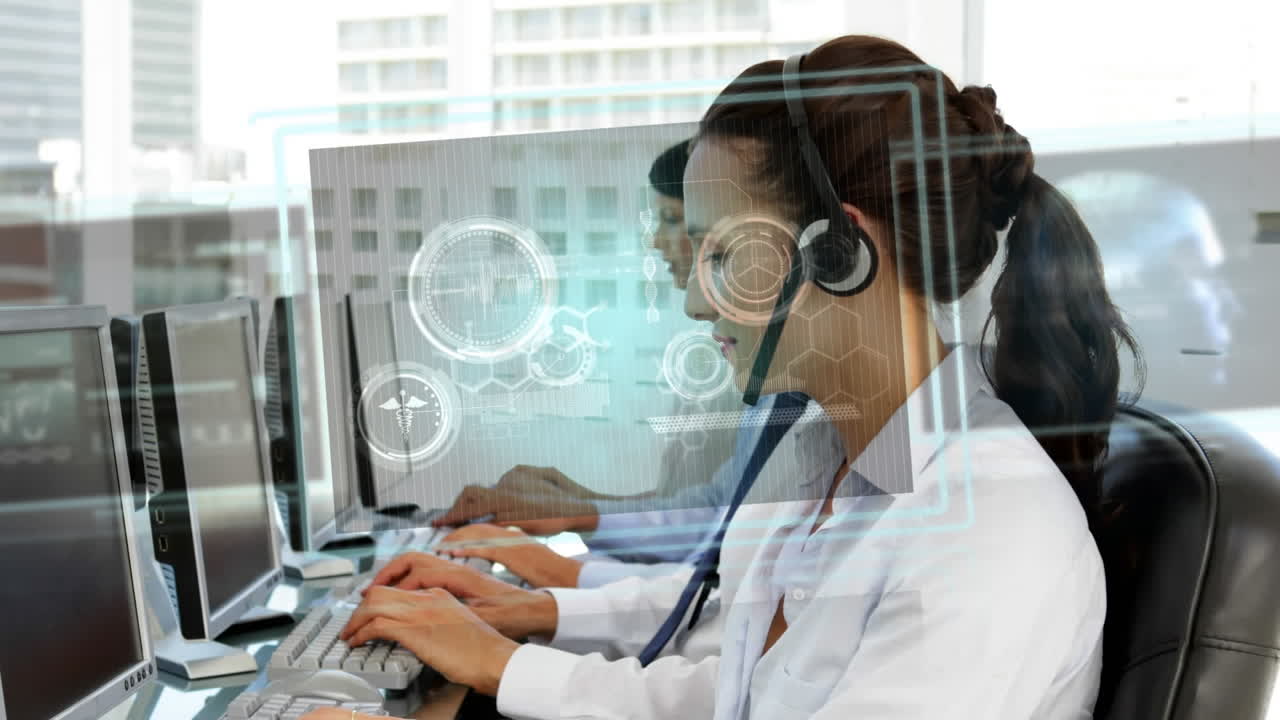 animación del procesamiento de datos médicos sobre personas de negocios que usan auriculares