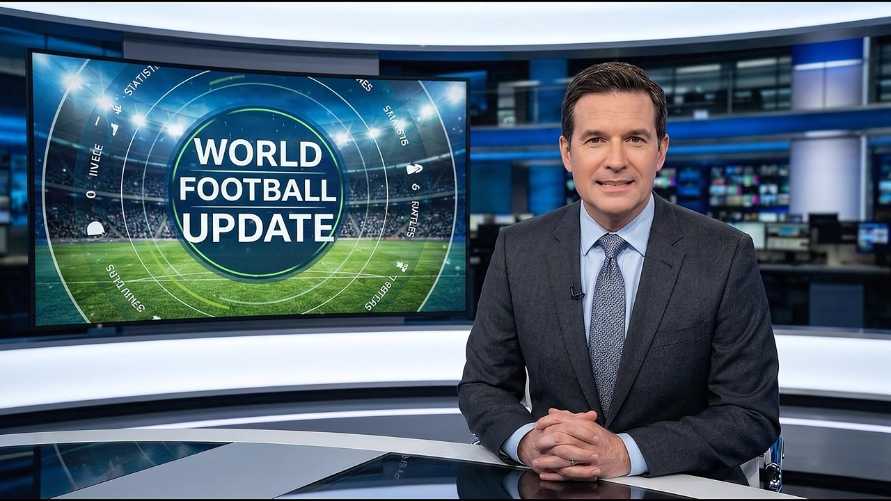 Televizní moderátor přednášející zprávu o globálních sportovních novinkách od studiového pultu