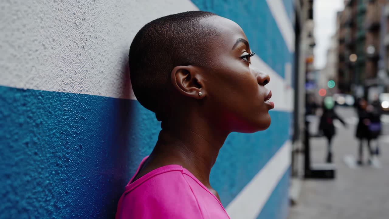 Profile portrait of a woman with short hair leaning against a blue and white striped wall