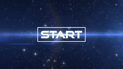 animation of start text over blue lights and stars on black background