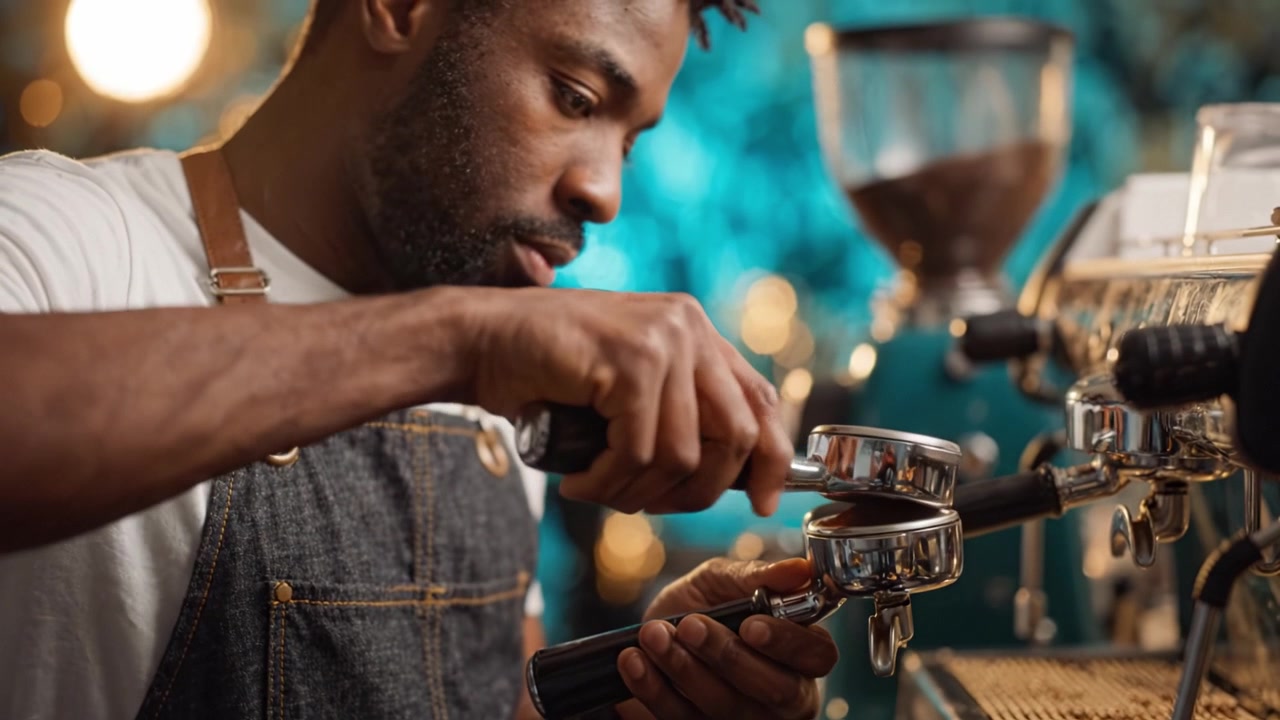 Un barista esperto prepara meticolosamente un espresso, mostrando l'arte e la tecnica coinvolte nella preparazione della tazza di caffè perfetta in un vivace ambiente di caffetteria.