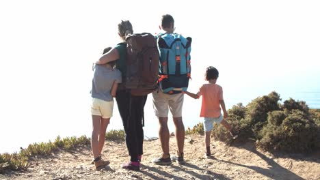 familia de turistas activos de pie en el sendero en el acantilado