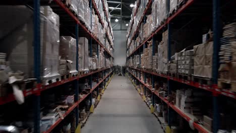 Worker-inside-of-large-warehouse,-pallets-of-cardboard-boxes-ready-for-shipment