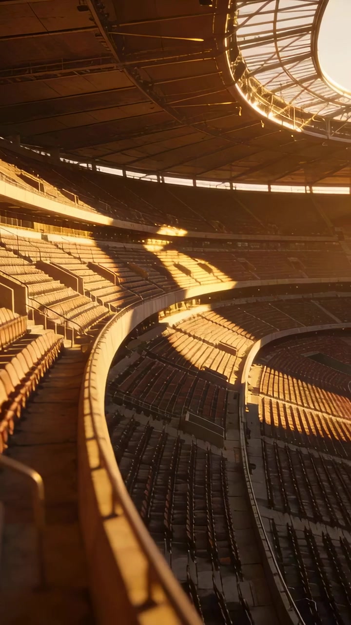 Video verticale: Telecamera in movimento che mostra i seggiolini dello stadio in luce calda, personale in divisa scura che prepara la porta.