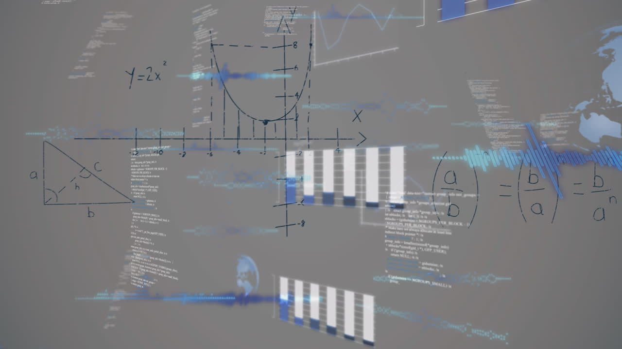 animación de ecuaciones matemáticas y procesamiento de datos sobre un fondo blanco