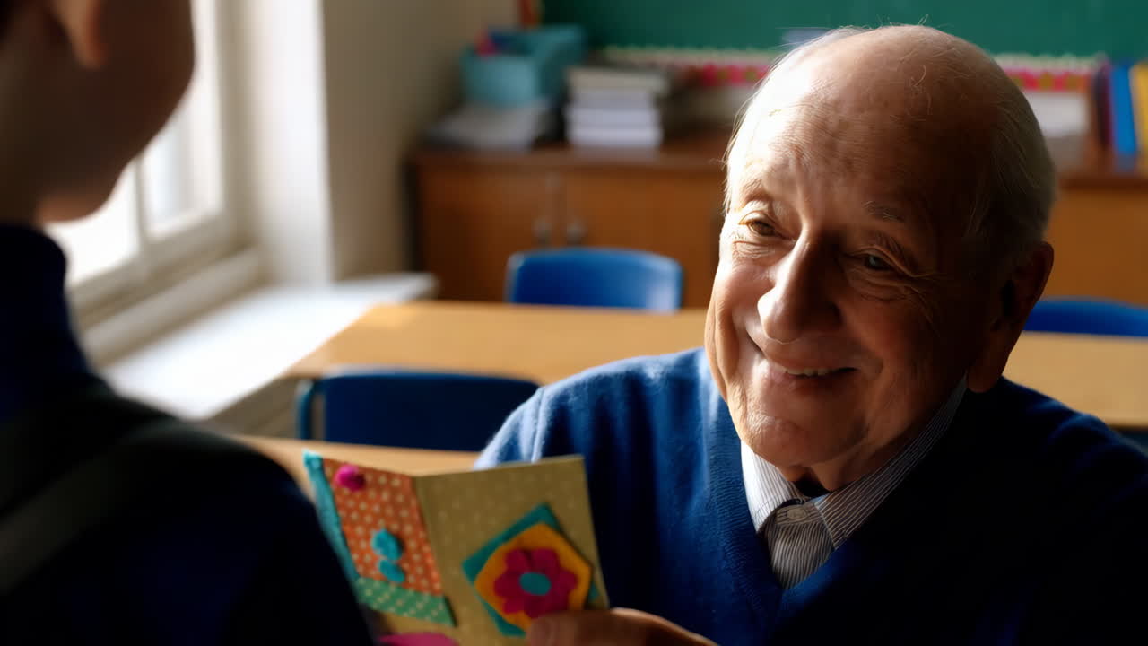 Elderly man happily receives a handmade card in a classroom setting