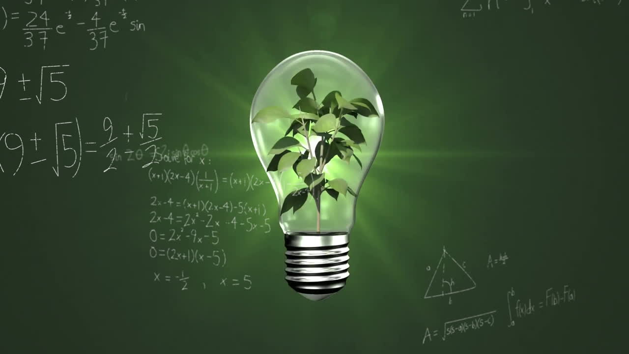 Animation of plant growing inside light bulb over school chalkboard with equations