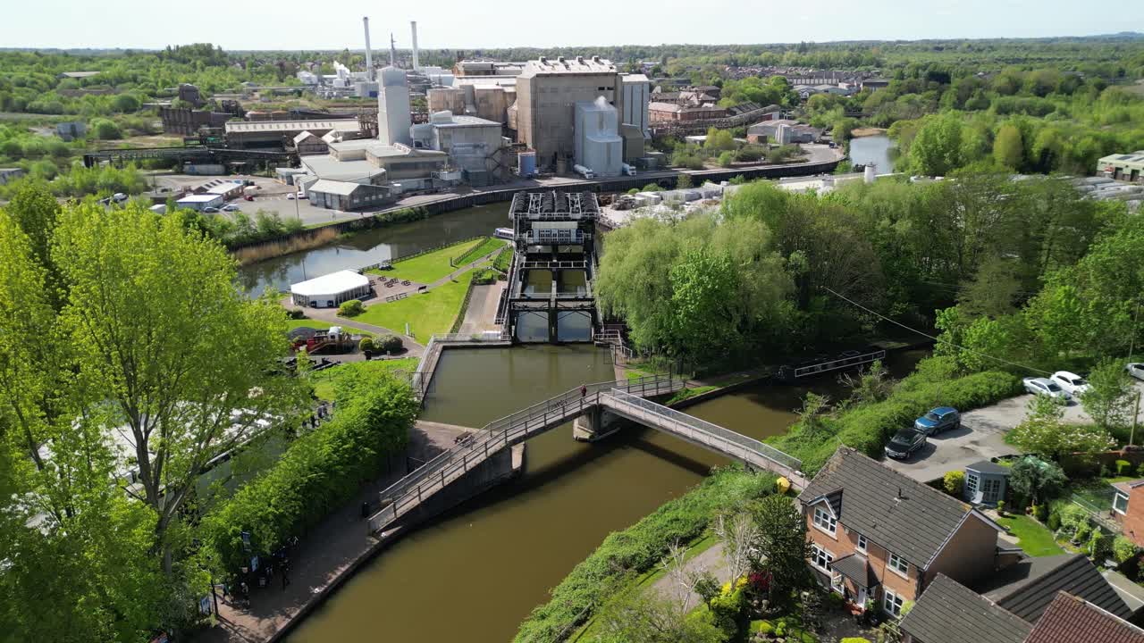 Anderton Boat Lift by drone - flyover from rear, focus on pulleys. An amazing feat of British engineering - Cheshire, UK