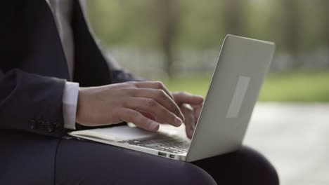 fotografía recortada de un hombre de negocios usando una computadora portátil al aire libre