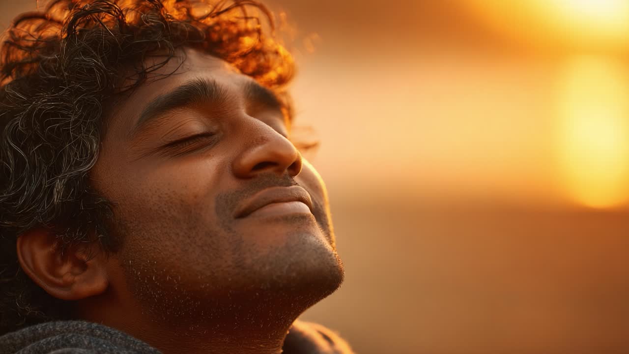 A Moment of Tranquility: A Man Embracing Peaceful Sunsets with an Expression of Contentment and Calm in a Serene Outdoor Setting