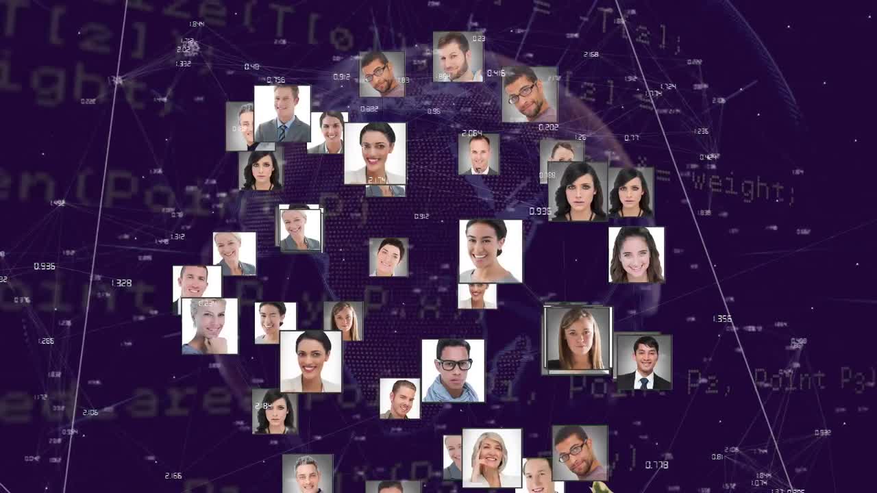 animación del procesamiento de datos en todo el mundo y diversos iconos de personas de negocios.
