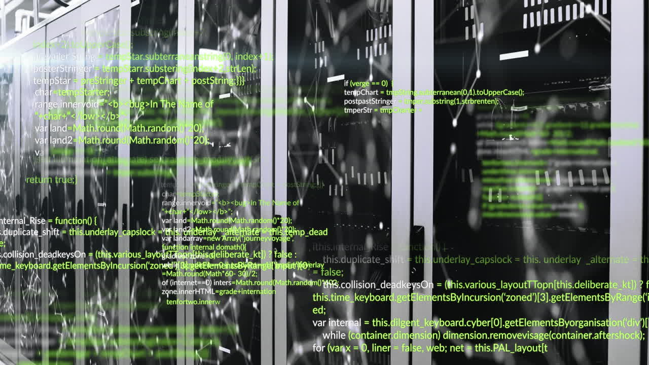 animação de linguagens de computador e pontos conectados iluminados que se movem em sistemas de servidores de dados