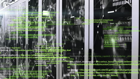 animazione di linguaggi informatici e punti collegati illuminati che si muovono su sistemi di server di dati