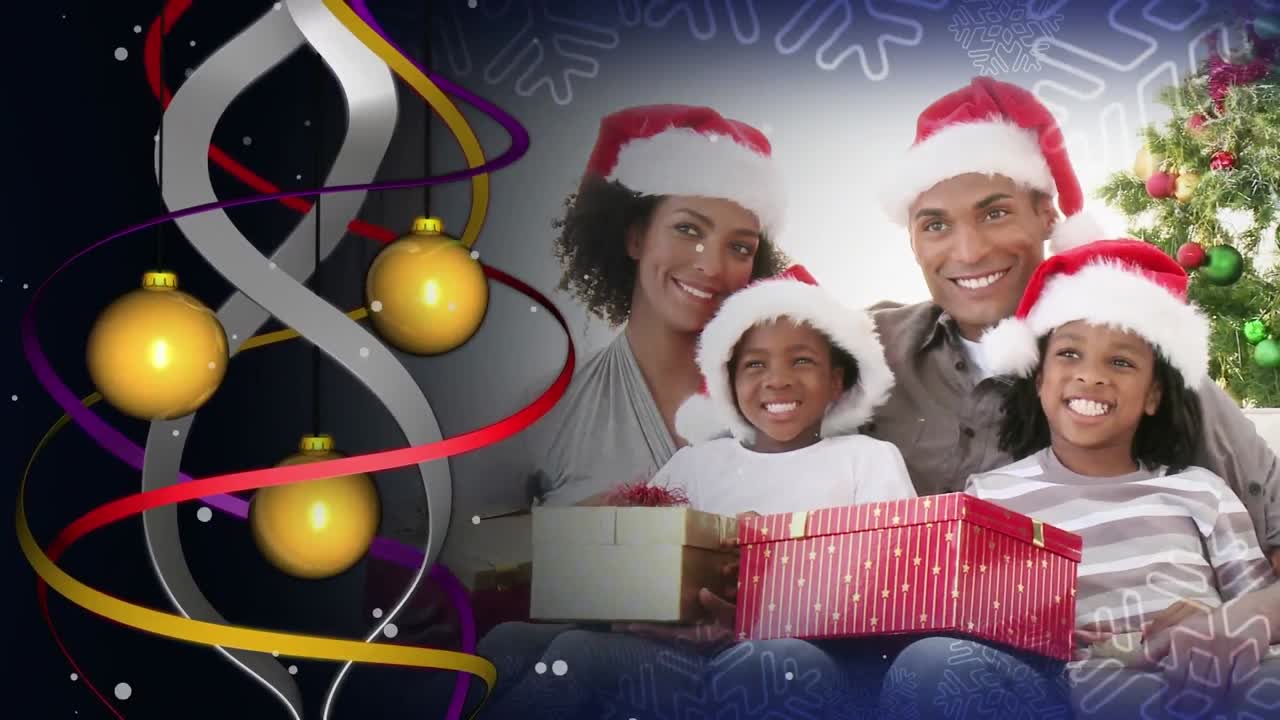 Animasi dekorasi natal di atas keluarga Afrika-Amerika yang bahagia