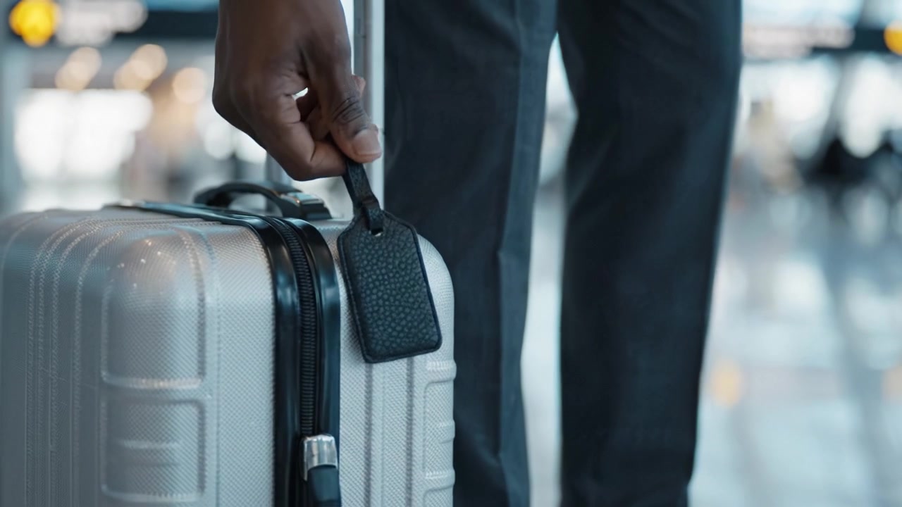 A Stylish Traveler's Elegance: Well-Dressed Individual in Formal Shoes Preparing for Departure with Luggage at an Airport Terminal's Reflective Surface