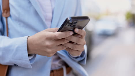 hands, phone and texting in city with woman