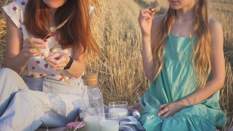 happy family in a wheat field. mother and daughter on a picnic in a wheat field near one of round bales at sunset time