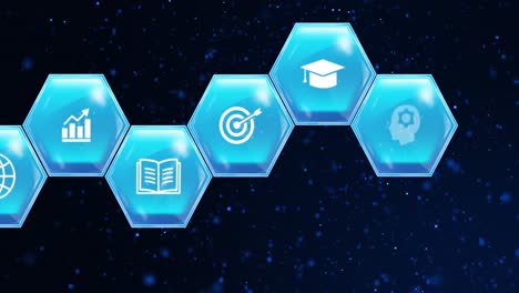 animación de iconos de educación y aprendizaje en hexágonos azules sobre estrellas en fondo azul