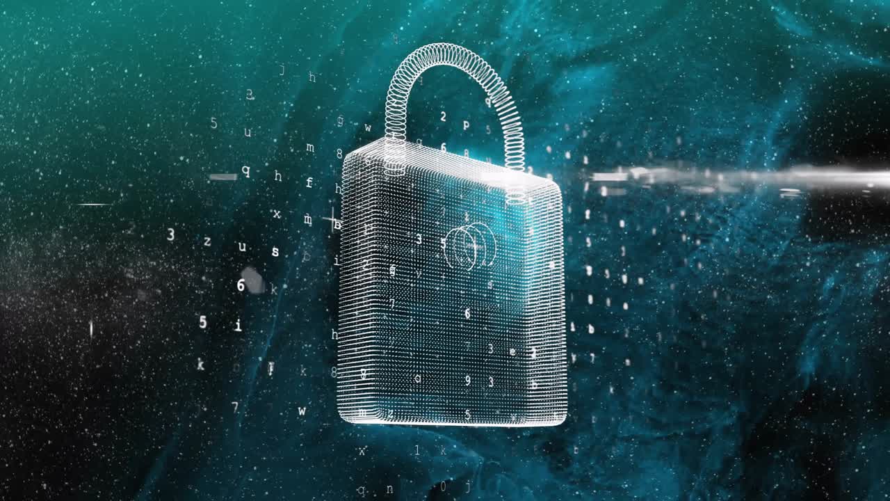 Padlock materializing, glow intensifying, code streaming upward, beam slicing, securing data flow