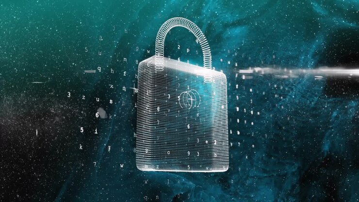 Padlock materializing, glow intensifying, code streaming upward, beam slicing, securing data flow
