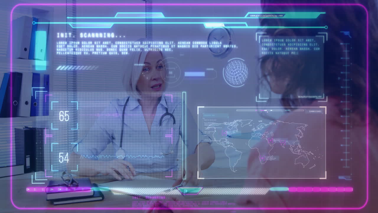 Mature female doctor writing on clipboard in medical office, showing holographic health metrics