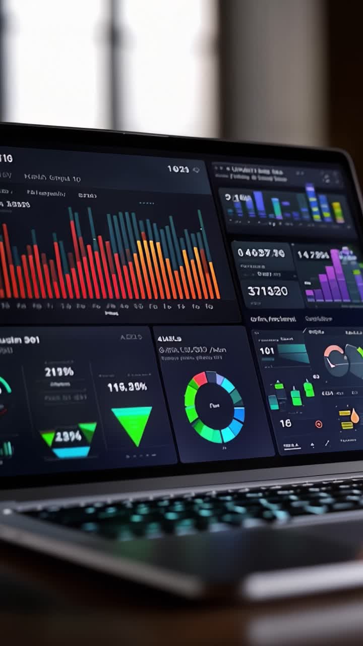 Dynamisk datavisualiseringsdashbord som viser analytisk innsikt gjennom ulike grafer, diagrammer og metrikker på en moderne laptopskjerm.